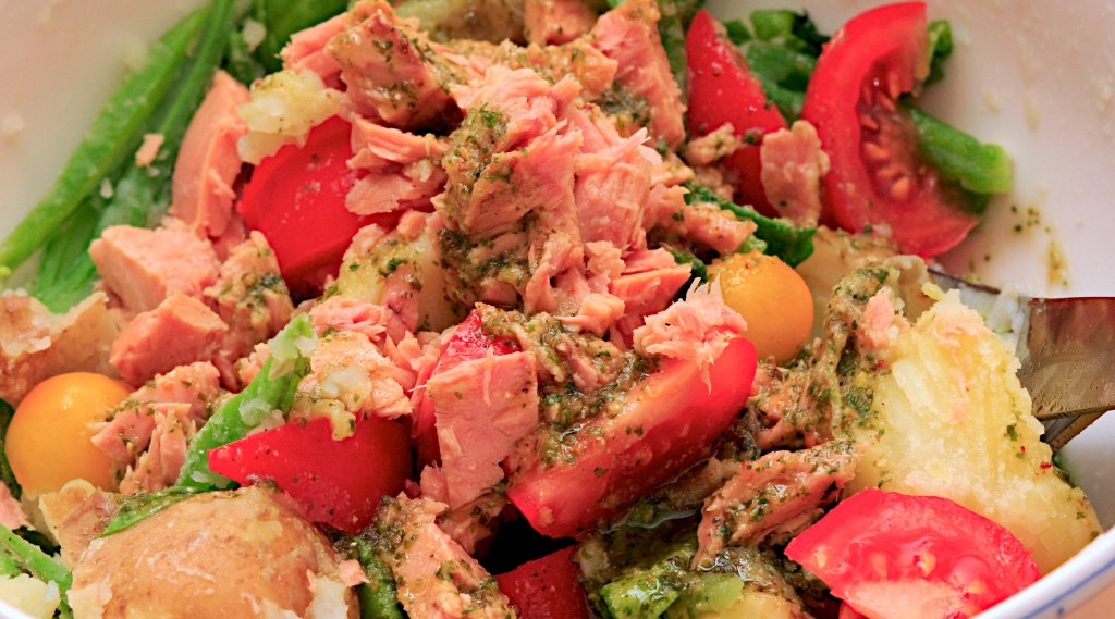 Warm potato & tuna salad with pesto dressing