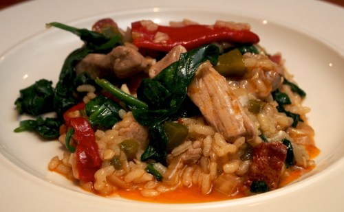Pork, chorizo & spinach paella