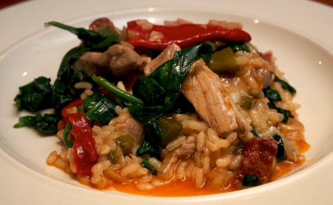 Pork, chorizo & spinach paella