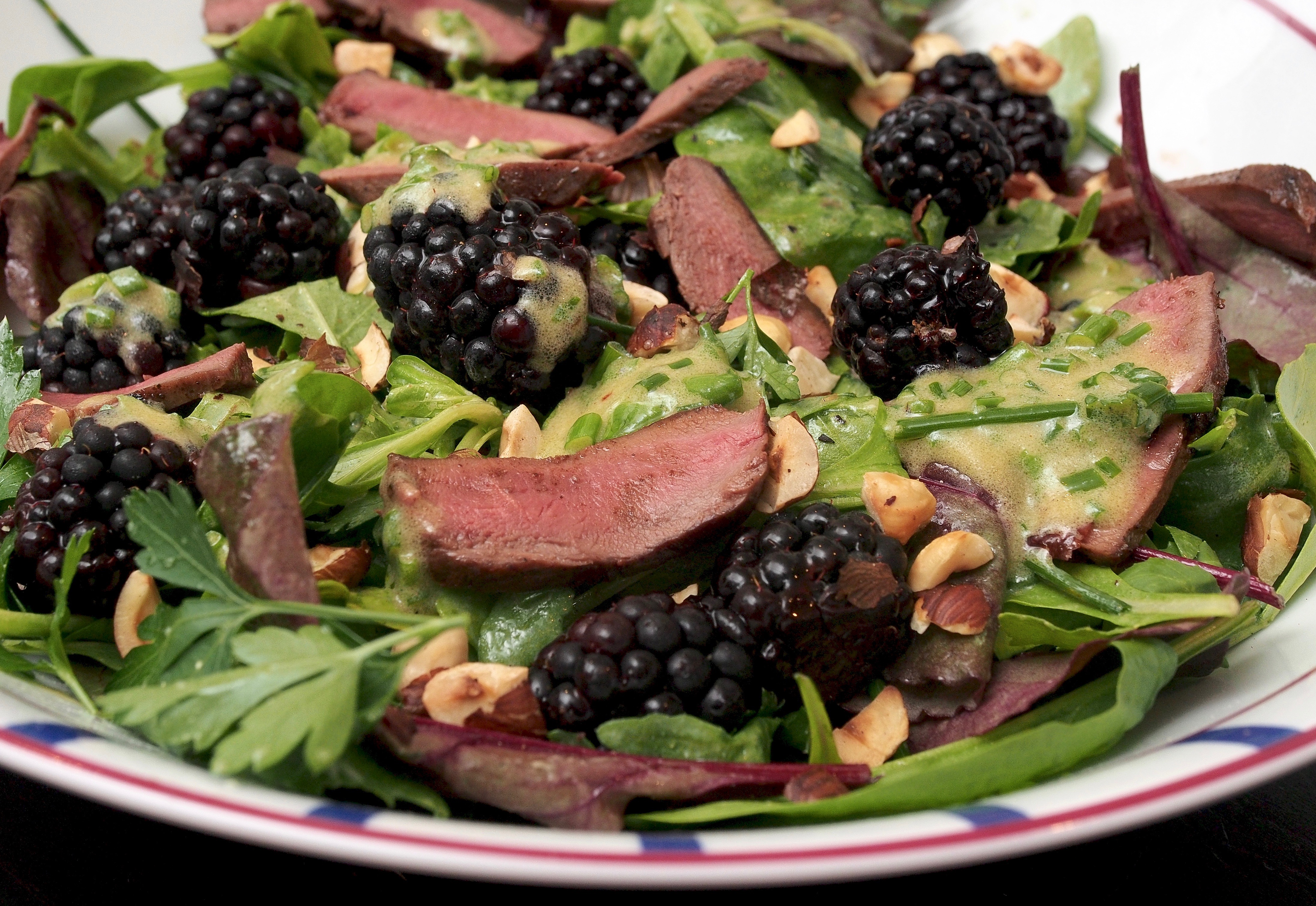 Wood Pigeon salad with blackberries and hazelnuts
