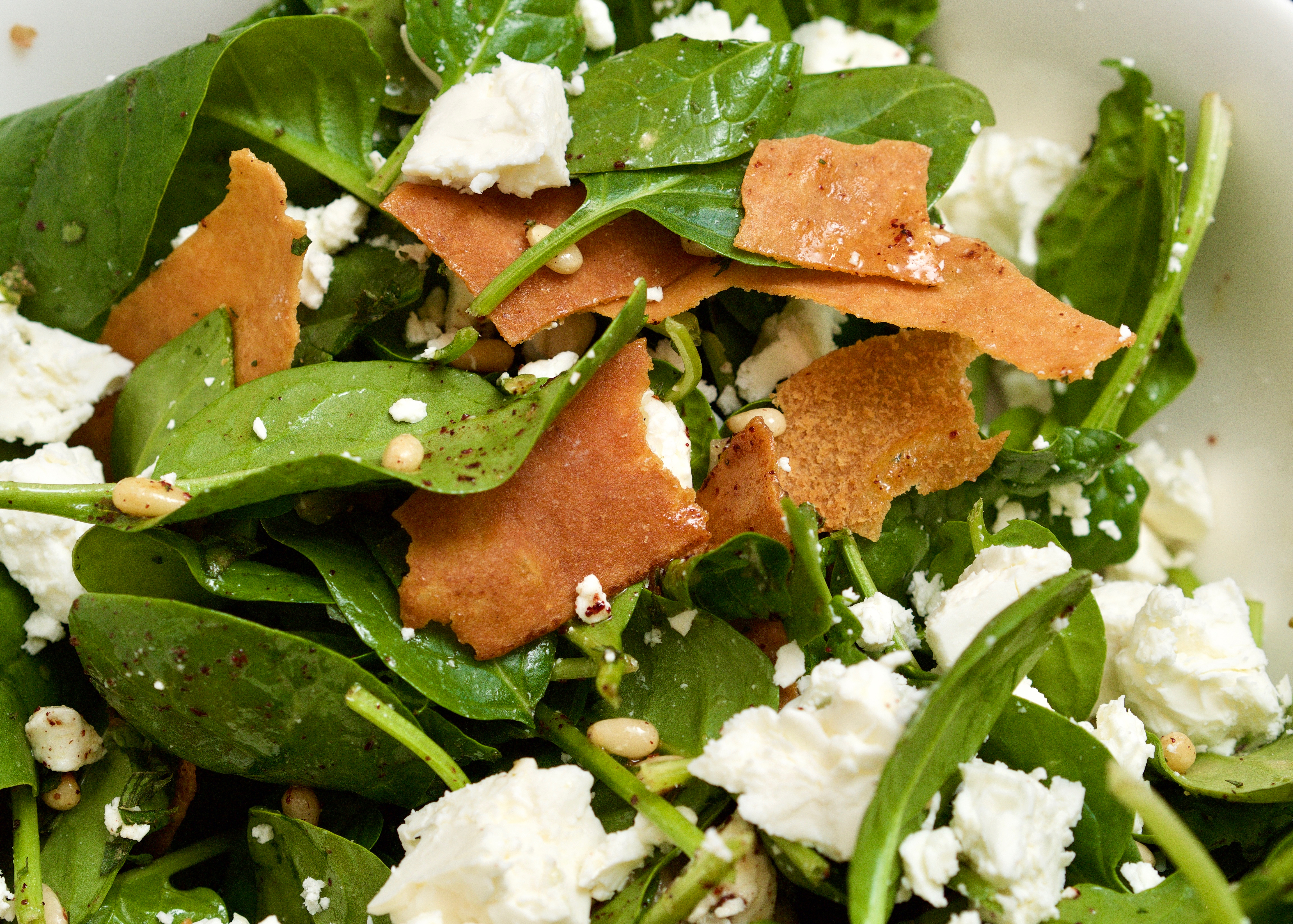 Feta salad with spinach, crispbread, sumac &amp; pinenuts