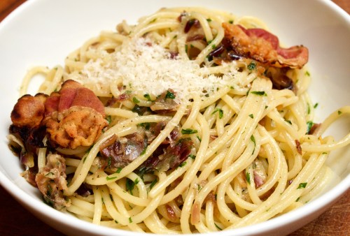 Spaghetti with parsley, pancetta & parmigiano