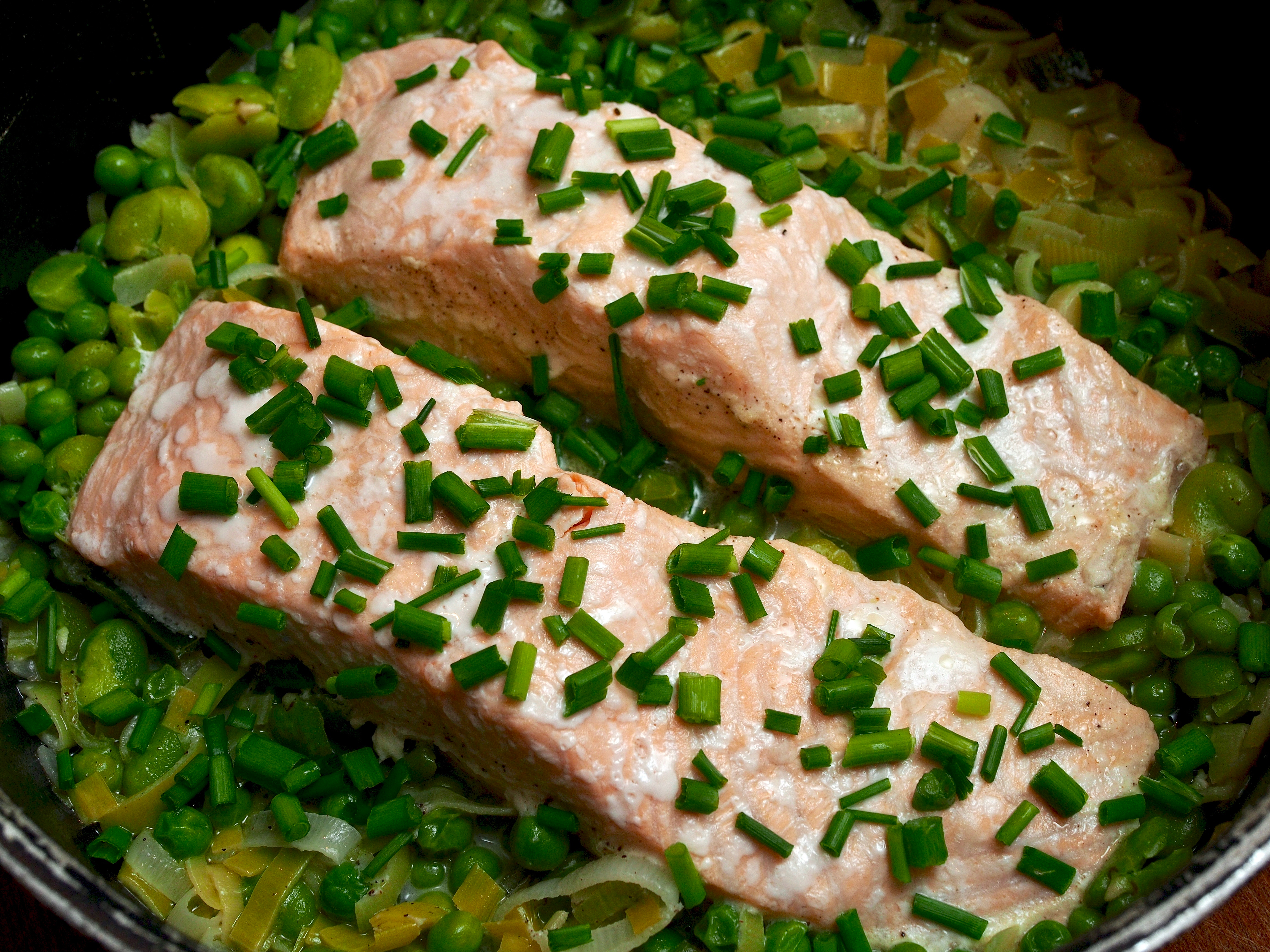 Salmon with greens &amp; creme fraiche