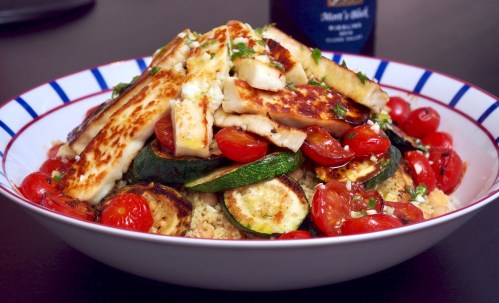 Haloumi, courgette, chickpea and tomato couscous
