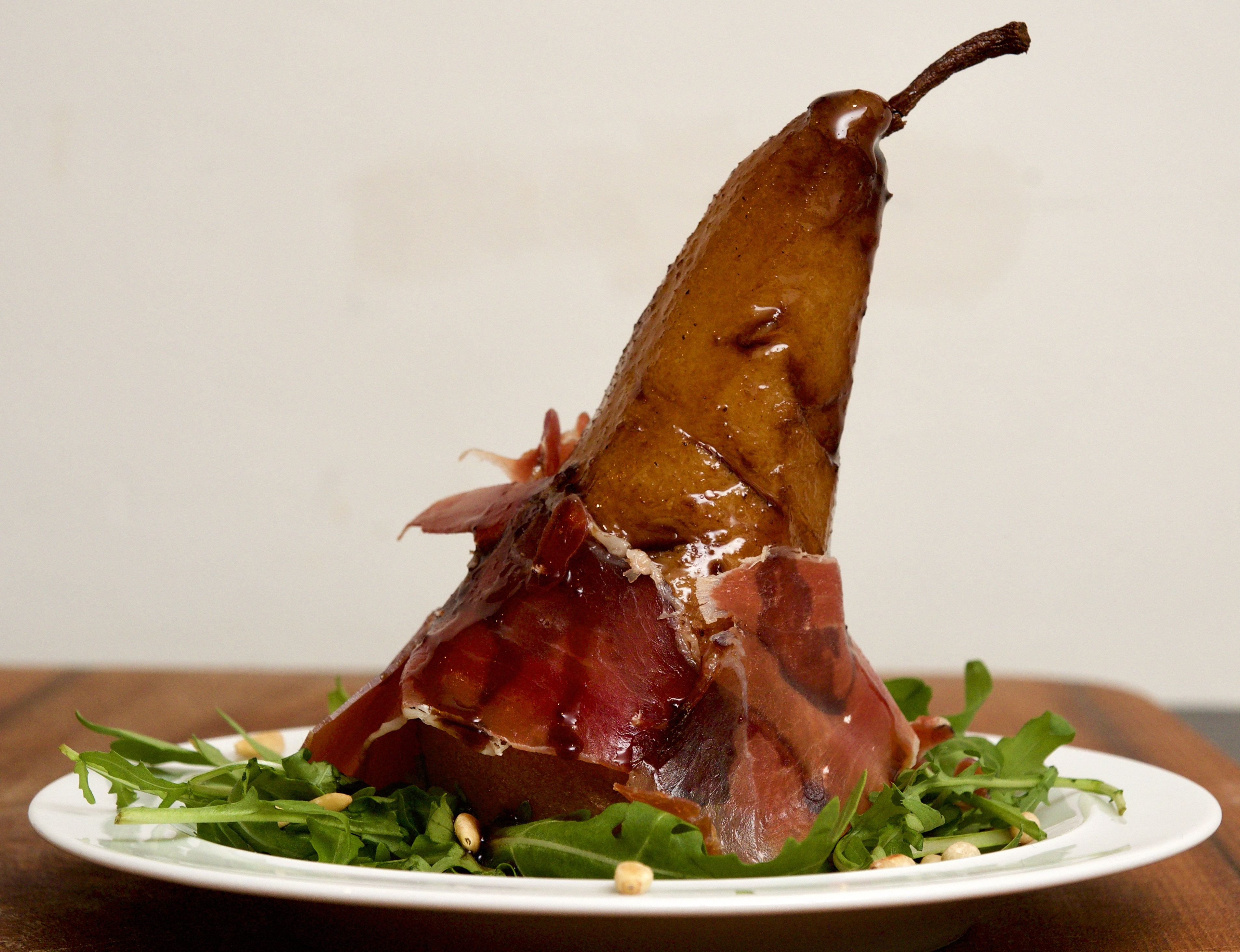 Pears poached in bay and balsamic