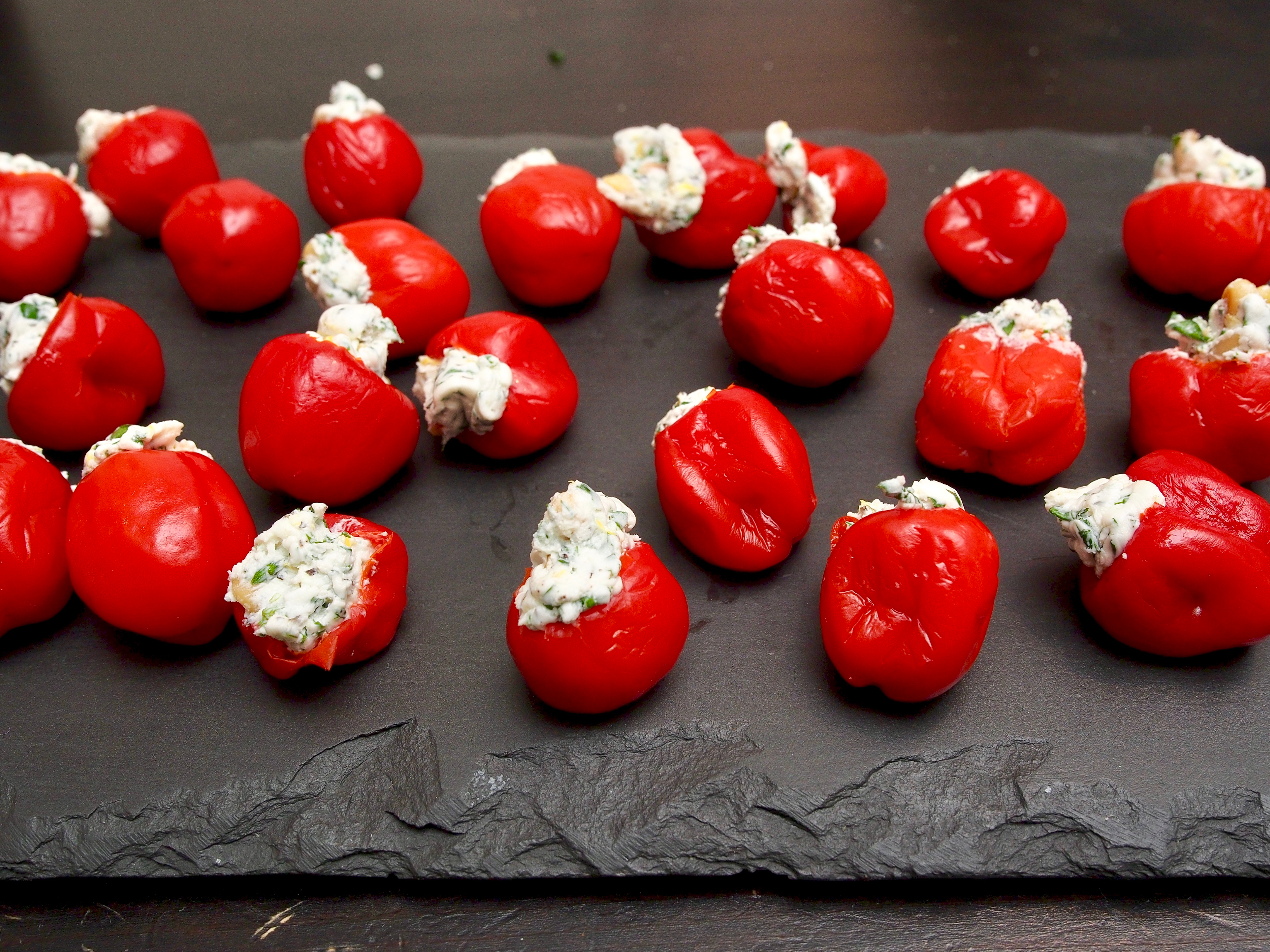 Preserved peppers with goats cheese &amp; pine nuts
