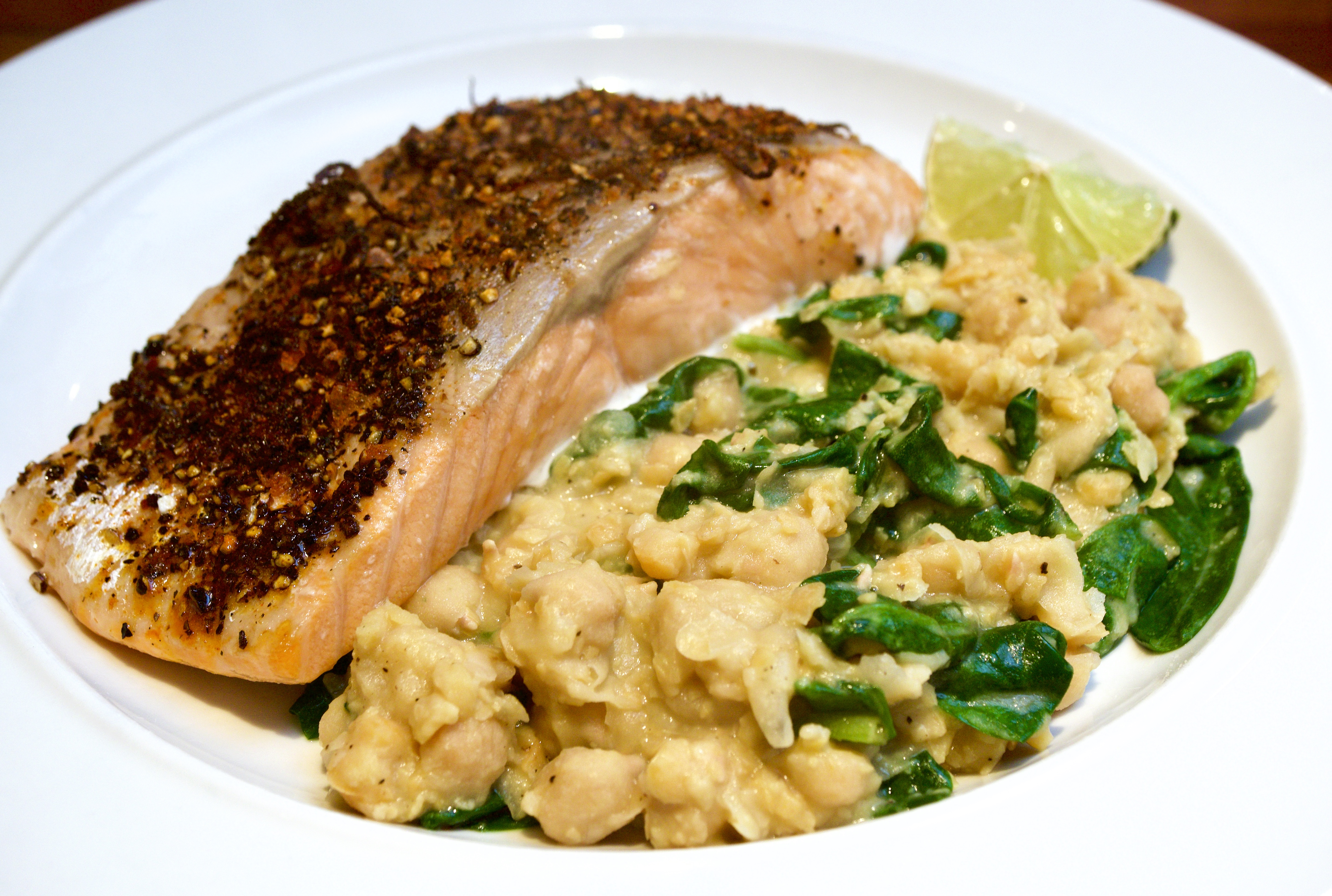 Pepper crusted Salmon with garlic chickpeas