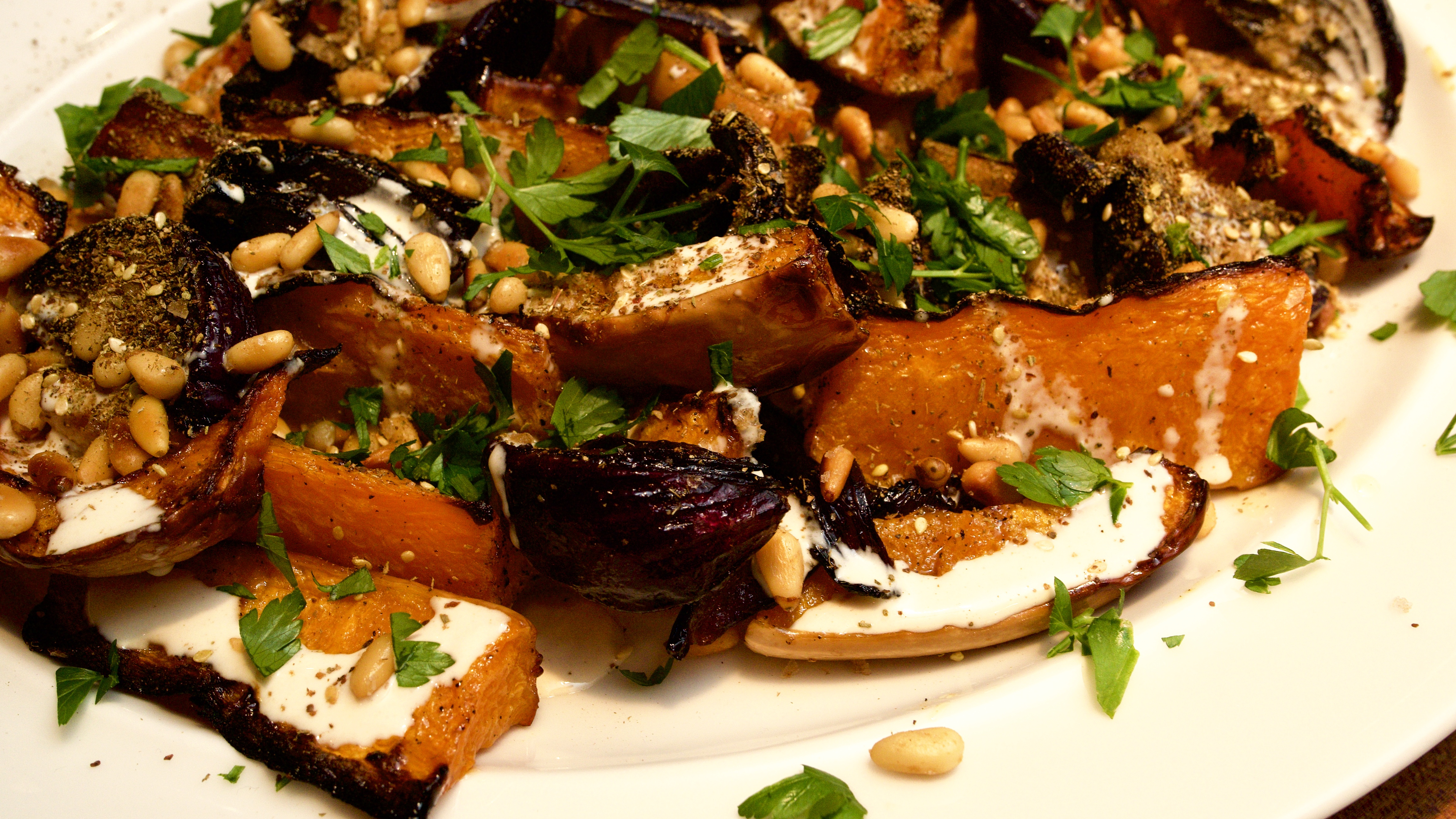 Roasted butternut squash &amp; red onion with tahini &amp; za'atar