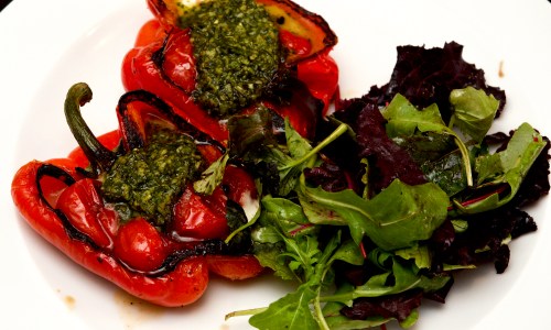 Blistered peppers, pomodorini, mozzarella &amp; pesto