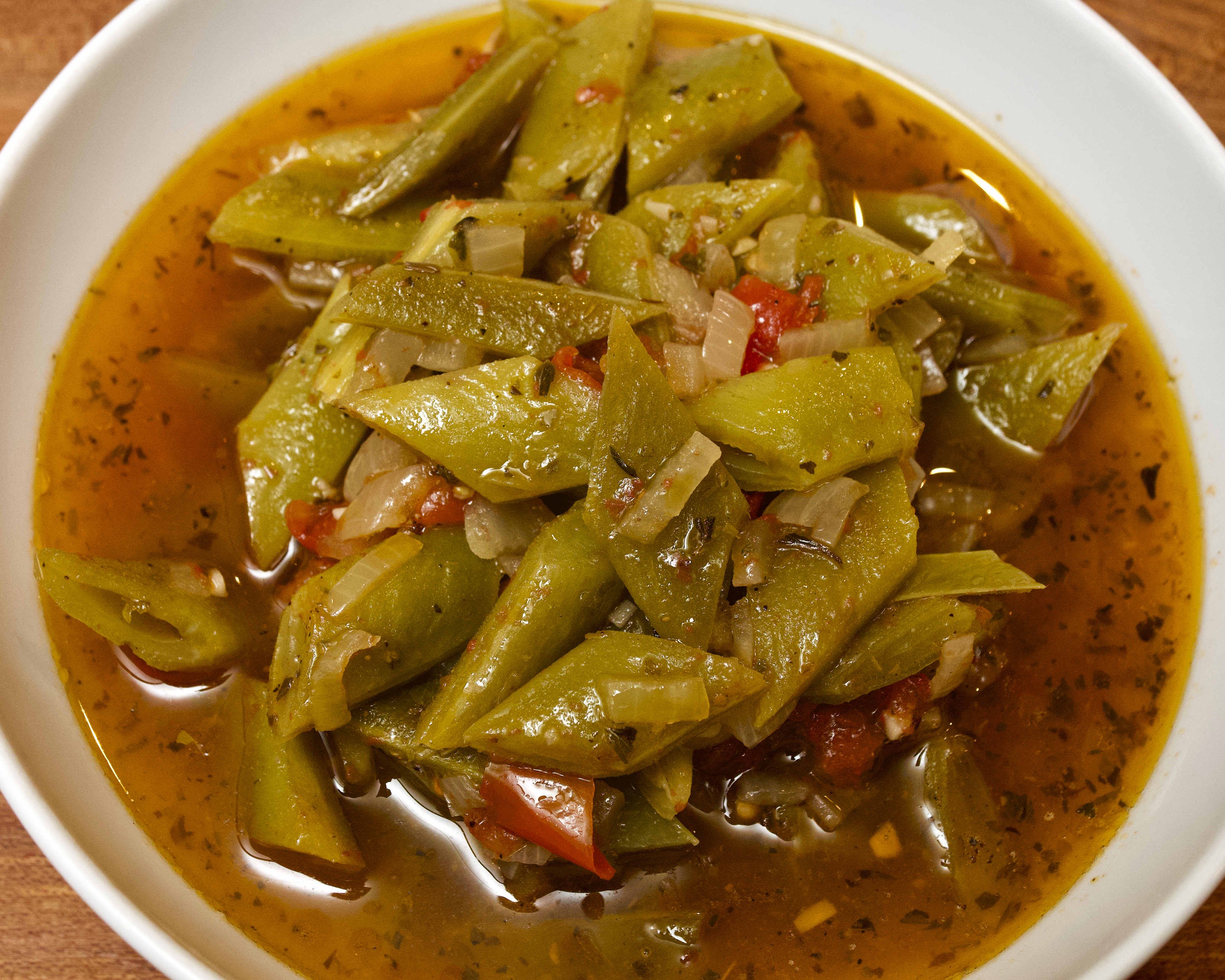 Olive oil braised runner beans with tomatoes