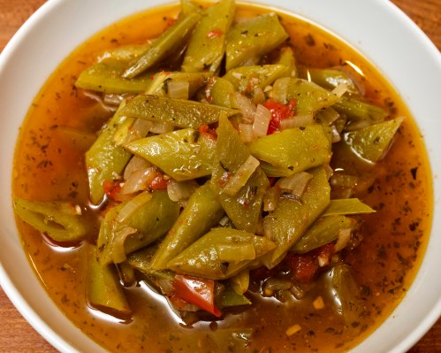 Olive oil braised runner beans with tomatoes