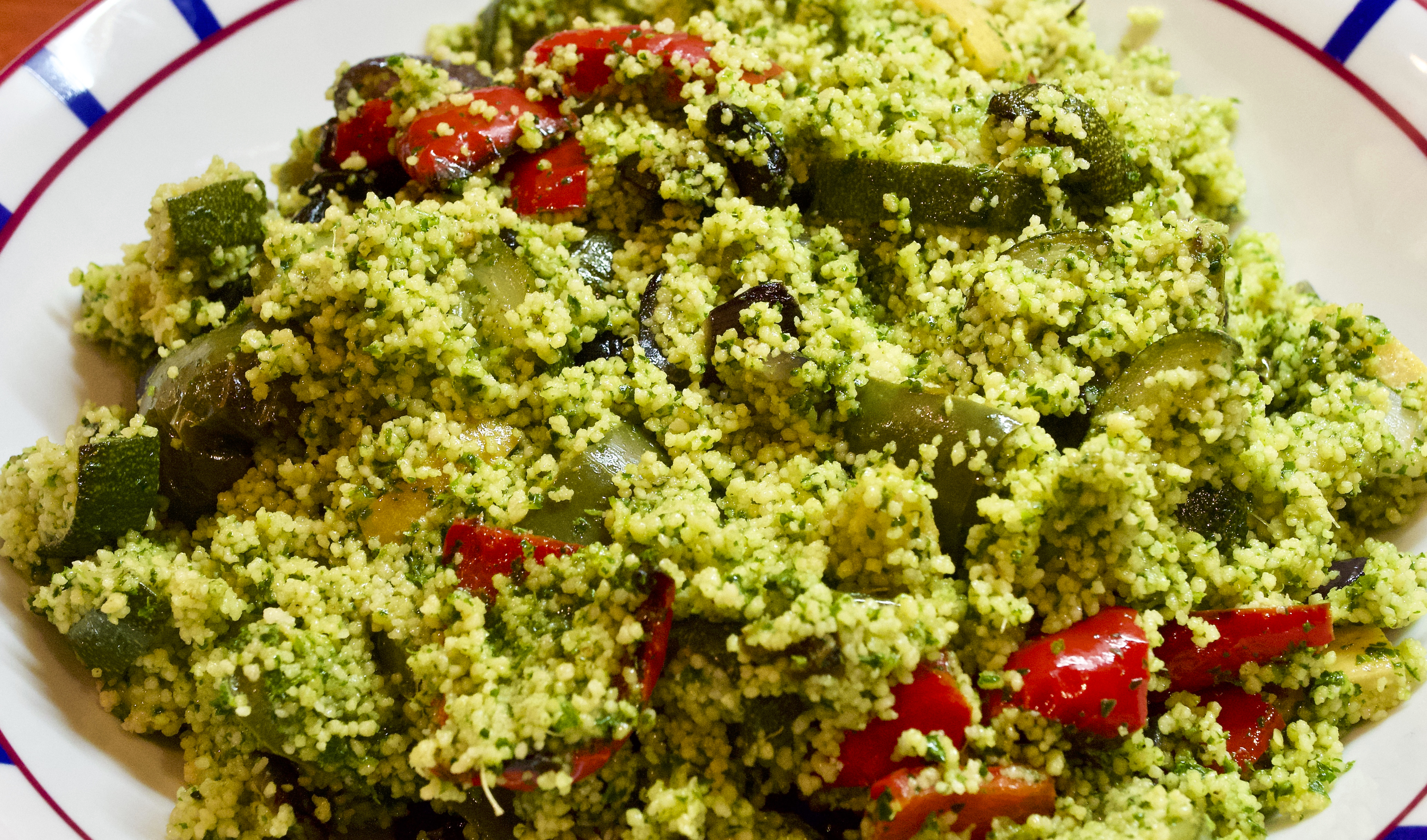 Green couscous and roasted veg with black garlic and preserved lemon