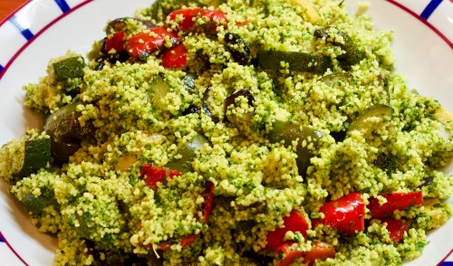 Green couscous and roasted veg with black garlic and preserved lemon