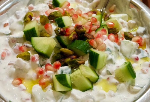 Pomegranate, cucumber and pistachio yoghurt