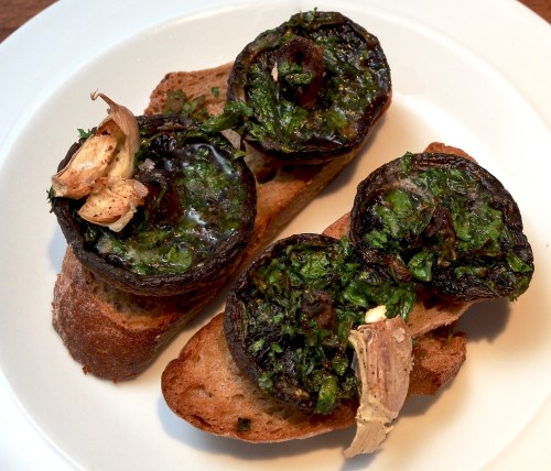 Mushrooms baked on toast with herbs, butter &amp; garlic