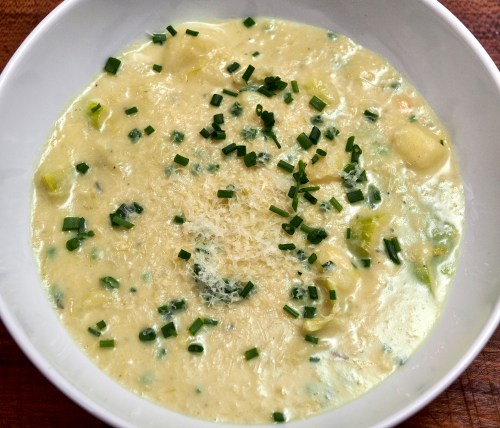 Potato &amp; leek soup with smoked Gubbeen cheese &amp; chives