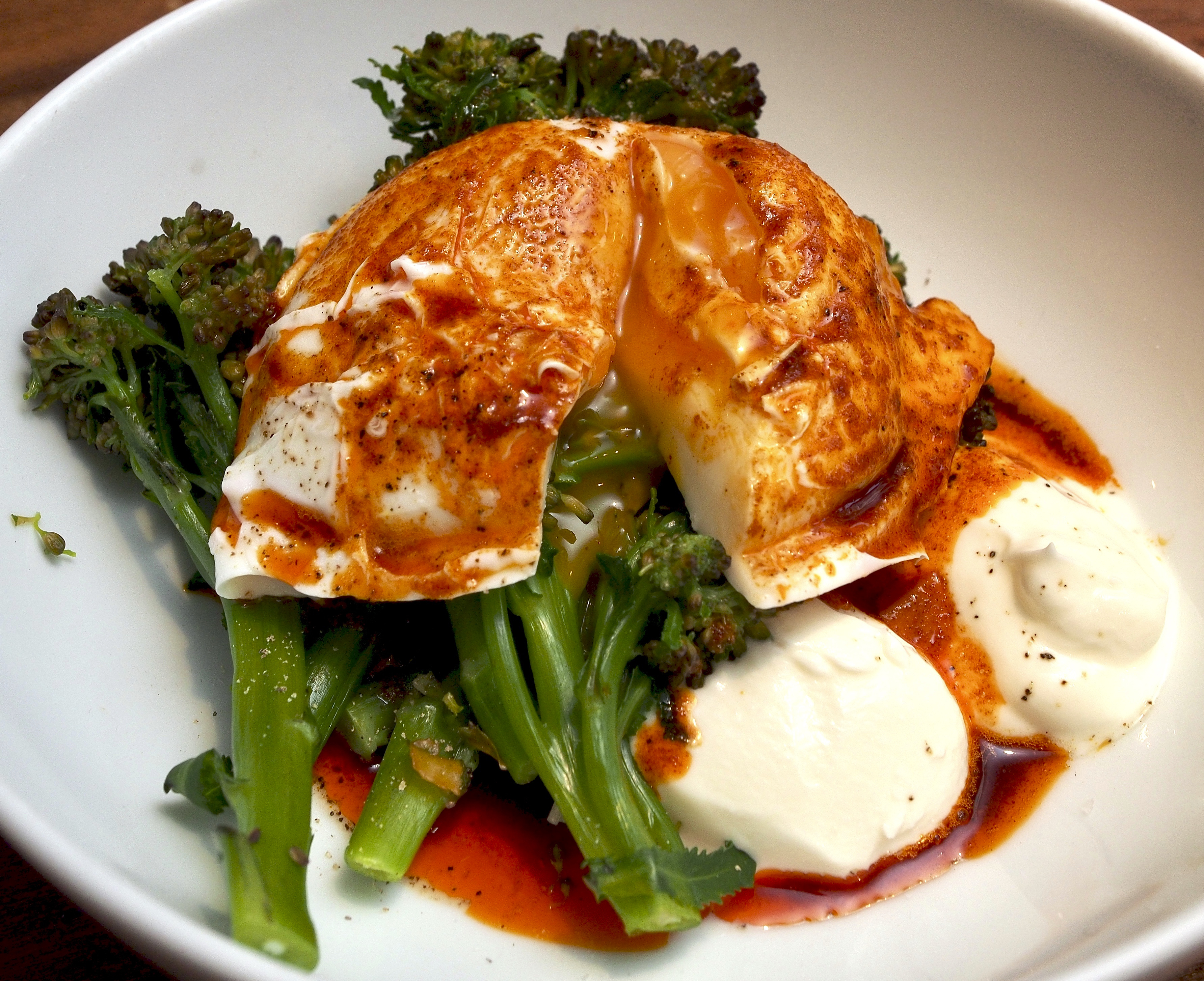 Purple sprouting broccoli with smoked paprika, yoghurt &amp; eggs