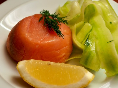 Smoked salmon &amp; crab timbales with cucumber parpadelle