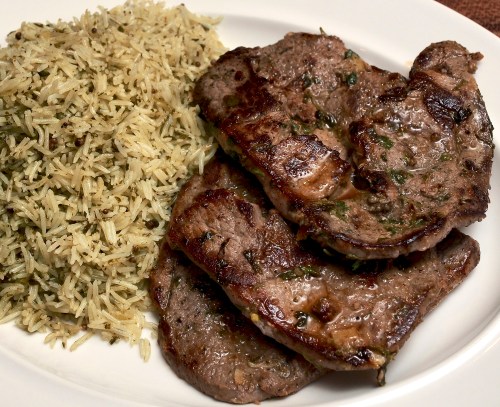 Lamb Steaks, preserved lemon, coriander & garlic with a Coriander, lime & garlic rice