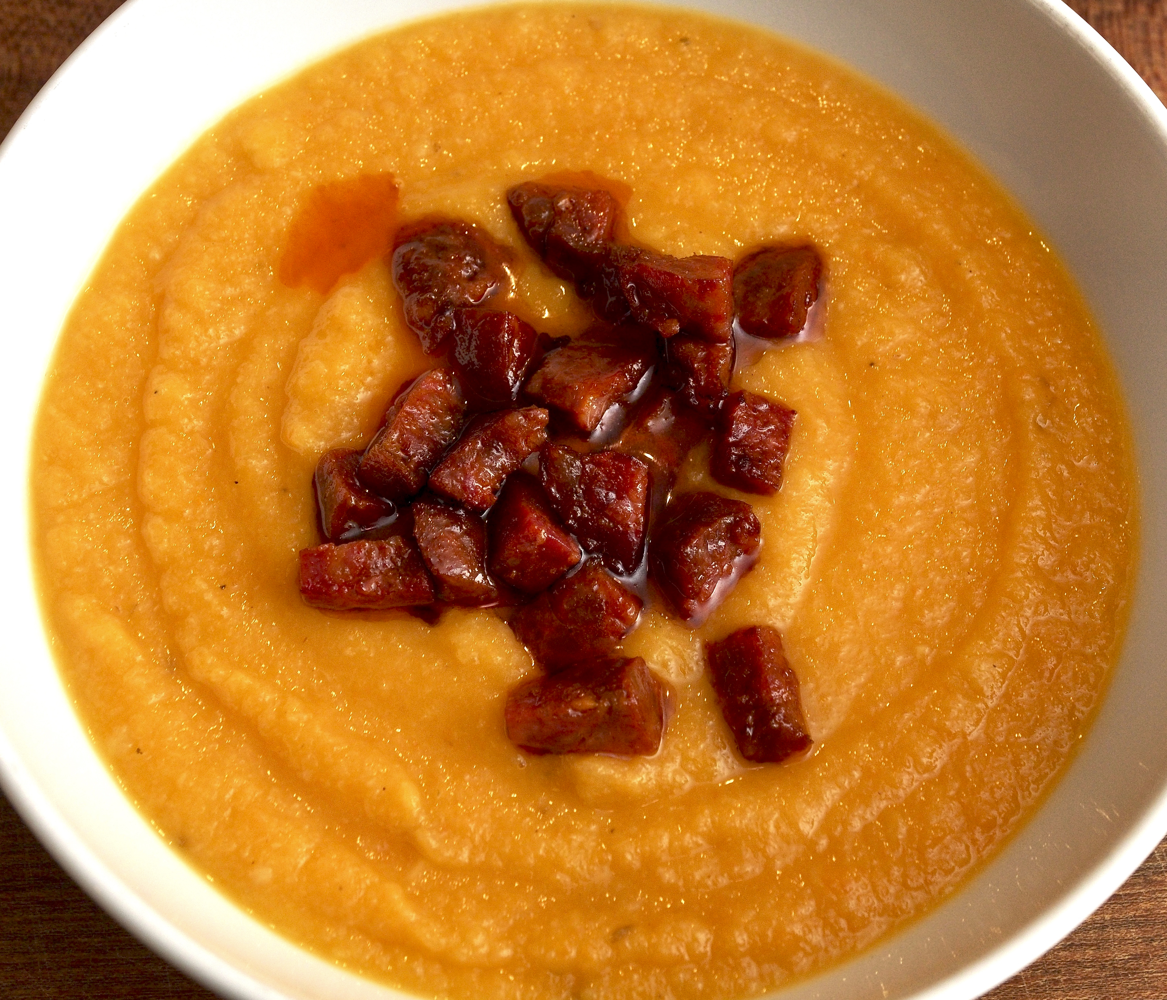 Carrot &amp; parsnip soup with chorizo