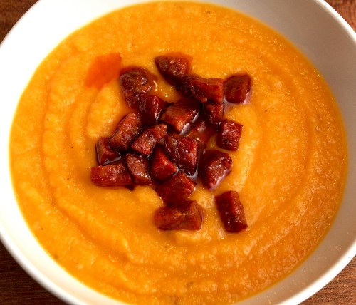 Carrot &amp; parsnip soup with chorizo