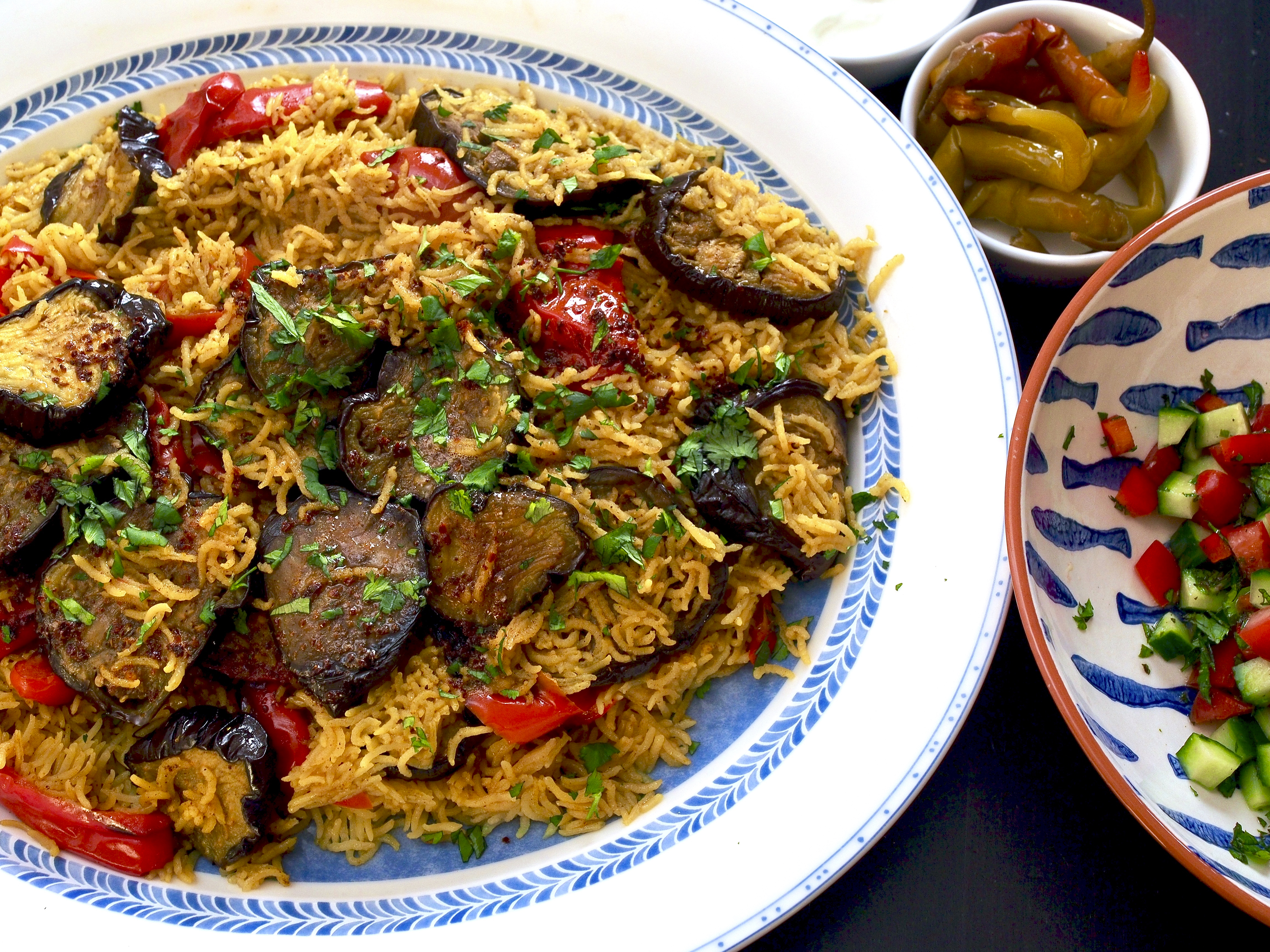 Maqloubeh: rice with aubergines & peppers