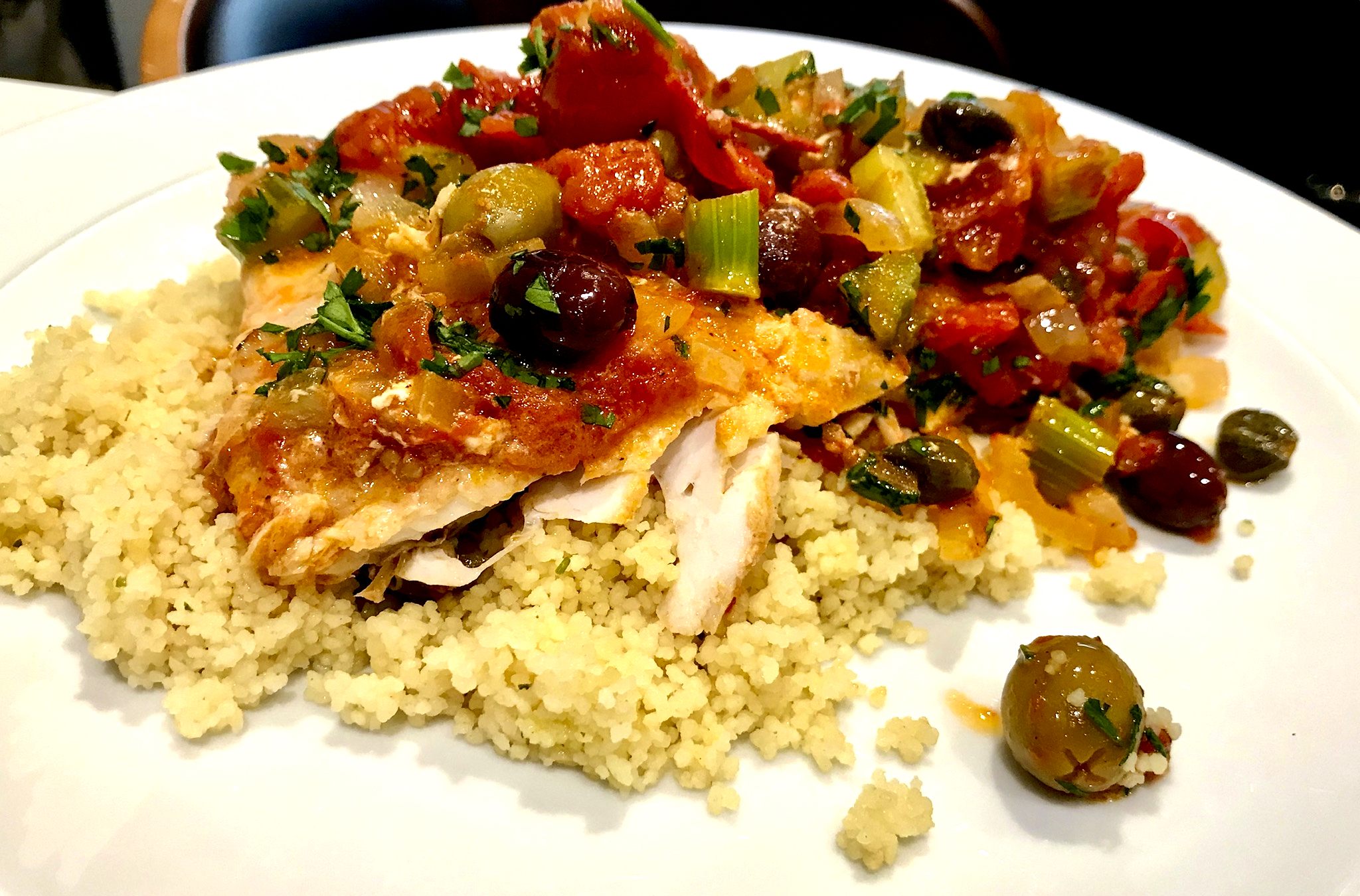 Fish in Spicy Tomato Sauce with Capers and Olives