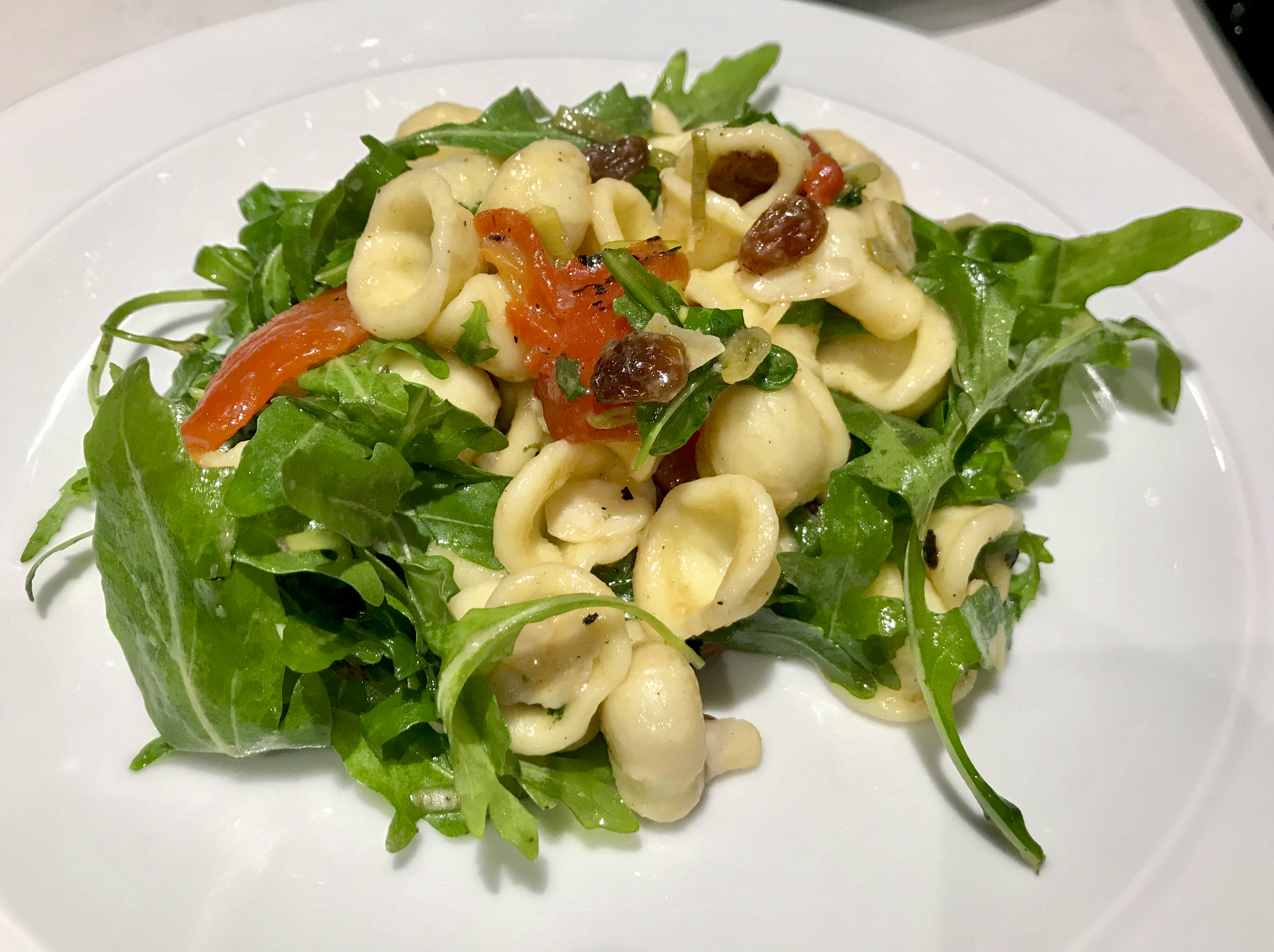 Orecchiette with Peppers, Raisins & Almonds