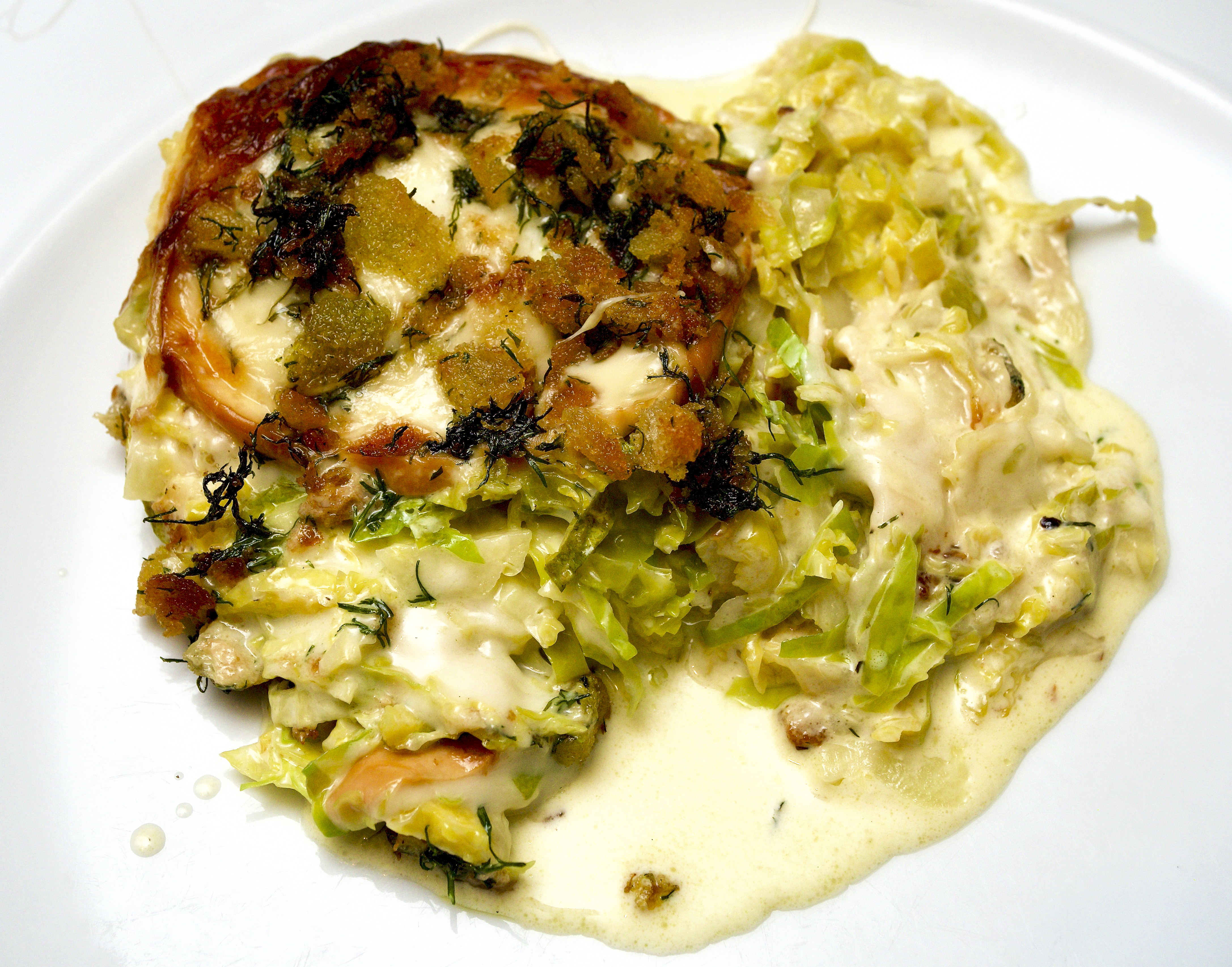 Brussel sprout &amp; smoked cheese gratin