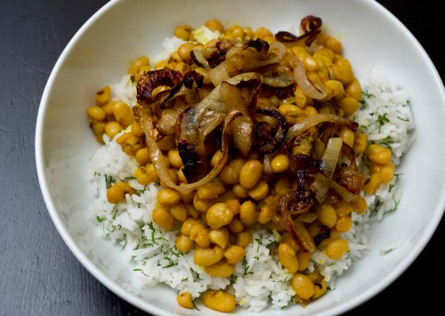 Haricot Beans with Rice & Onions