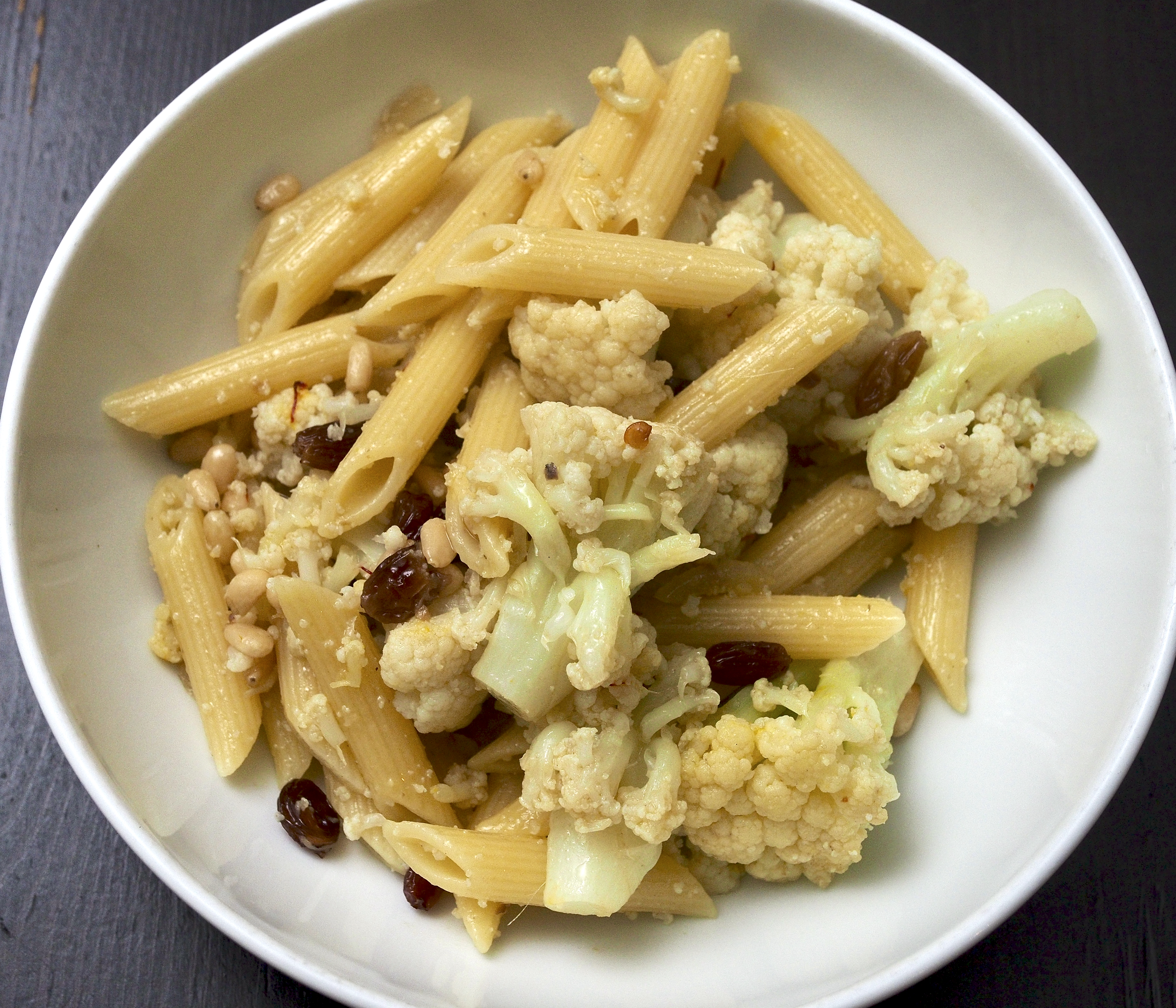 Pasta with Cauliflower, Anchovies, Saffron, Pine Nuts &amp; Raisins