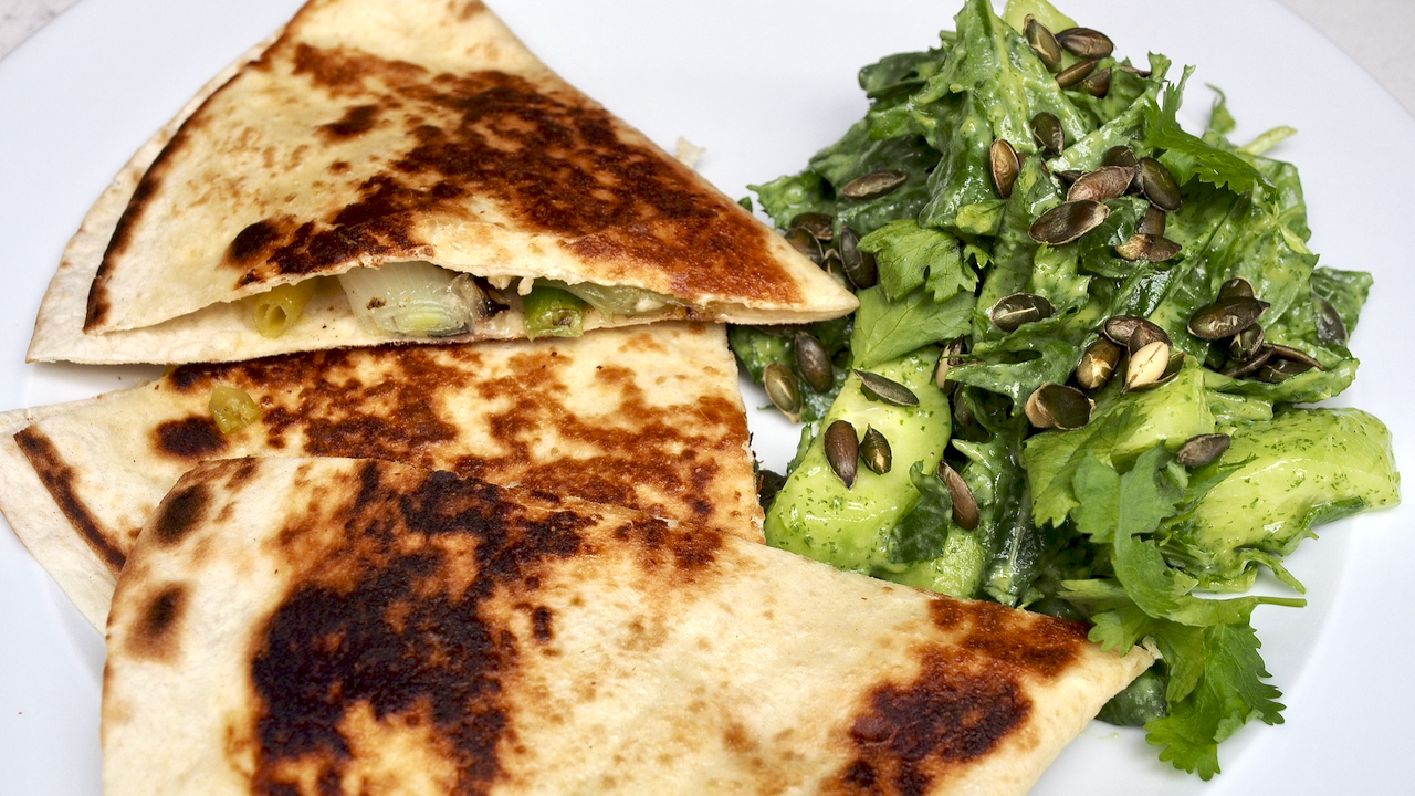 Spring Onion Quesadillas with Guacamole Salad