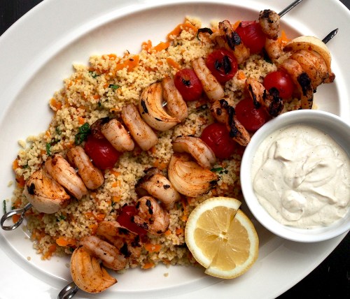 Barbecued Prawn Kebabs with Harissa & Couscous