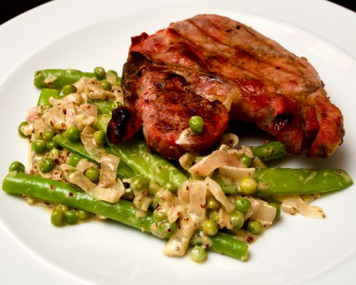 Barbecued Pork Chops with Mustardy Greens