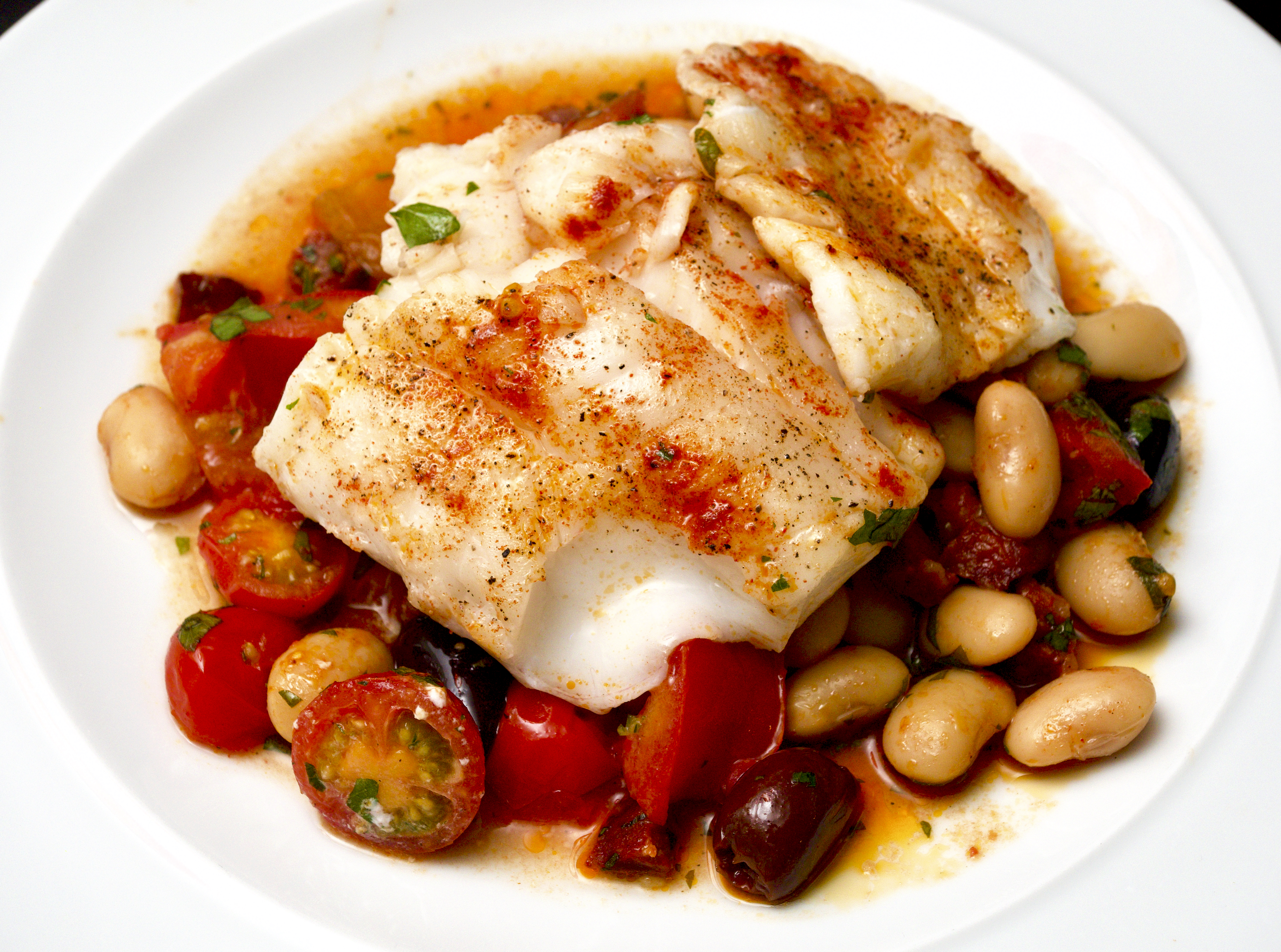 Baked Cod with Tomatoes, Chorizo &amp; Butterbeans
